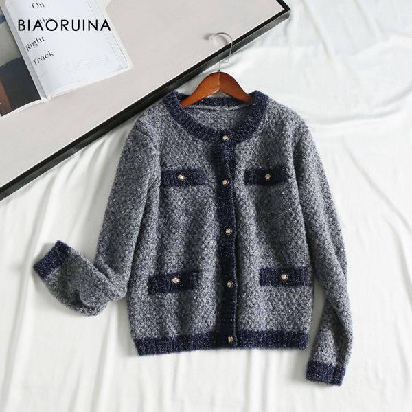 

biaoruina women's elegant sequines patchwork hit color knitted cardigans female single breasted vintage sweater 2019 autumn, White