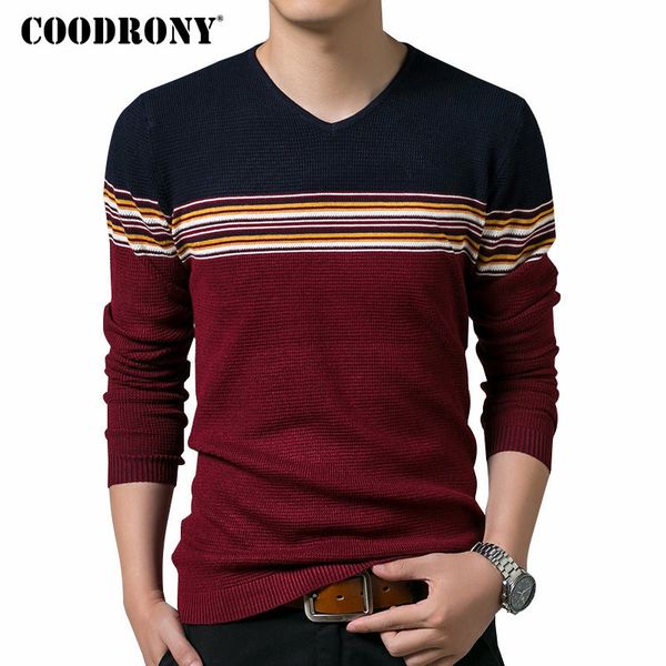 

coodrony cotton wool sweater men 2018 winter mens warm sweaters slim fit pullover men casual striped v-neck pull homme 7179, White;black