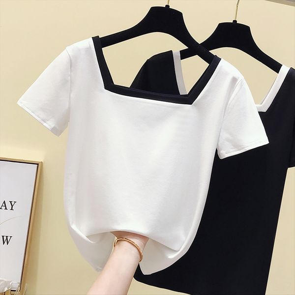 

square t-shirt collar collarbone short-sleeved t-shirt female 2020 short slim one-line collar top, White