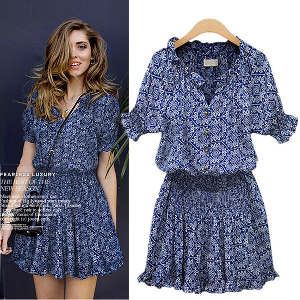 

2020 summer autumn print vestidos women vest slim beach chiffon v-neck dress vintage blue, White;black