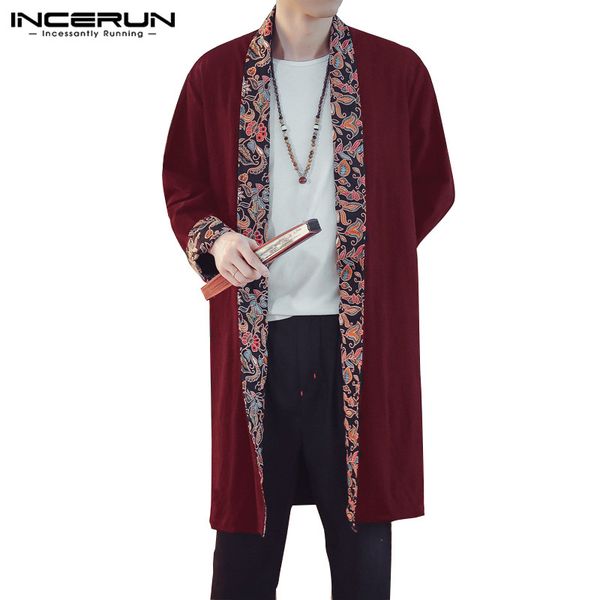 

incerun 2018 men trench coat long sleeve cotton outwear floral patchwork chinese style casual men cardigan cloak windbreaker 5xl, Tan;black