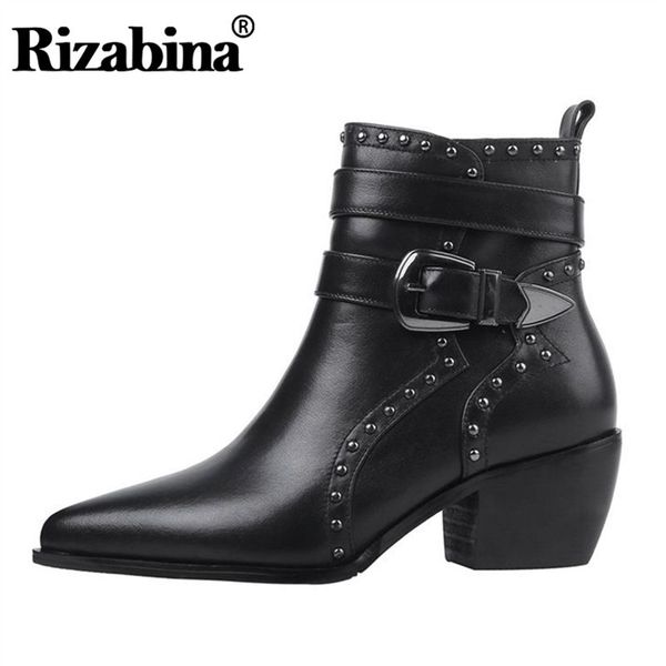 

rizabina shoes women ankle boots pointed toe thick high heel cow leather zipper buckle rivet motorcycle boots size 34-39, Black