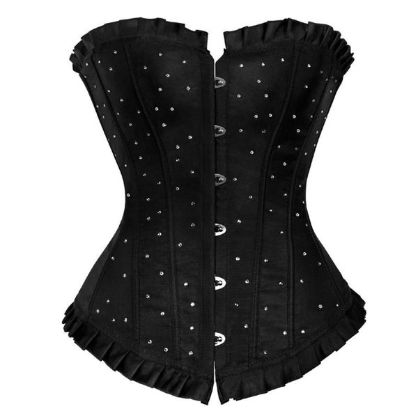 

vintage lace up boned overbust corset bustier rhinestone satin costume showgirl lingerie plus size s-6xl, Black;white