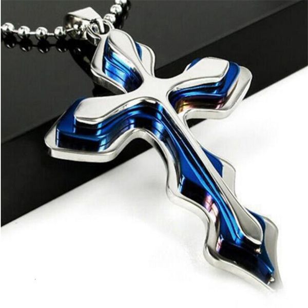 

new fashion necklace men creative three-tiered blue and black cross pendant 50cm beads chain necklace jewelry gifts for men, Silver
