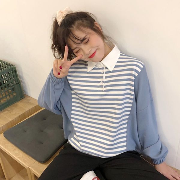 

striped sweatshirts women's clothing new long sleeve turn-down collar spring autumn women harajuku style ulzzang pullovers, Black