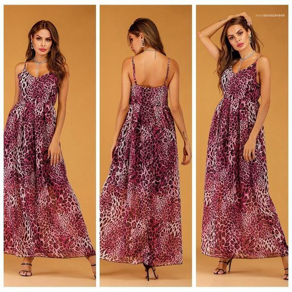 

floor length designer clothing leopard chiffon sling bohemian dresses womens summer v-neck dresses asymmwtrical sleeveless, Black;gray