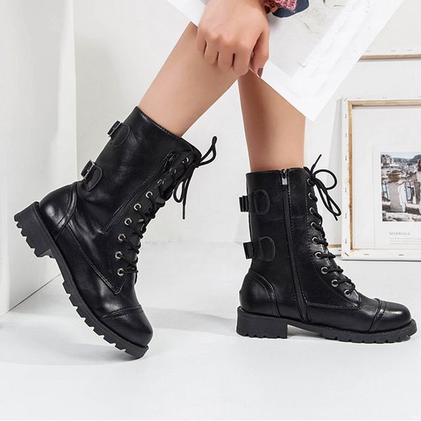 

youyedian boots women 2018 autumn lace up leather boots low heel fashion casual female shoes women botas mujer, Black