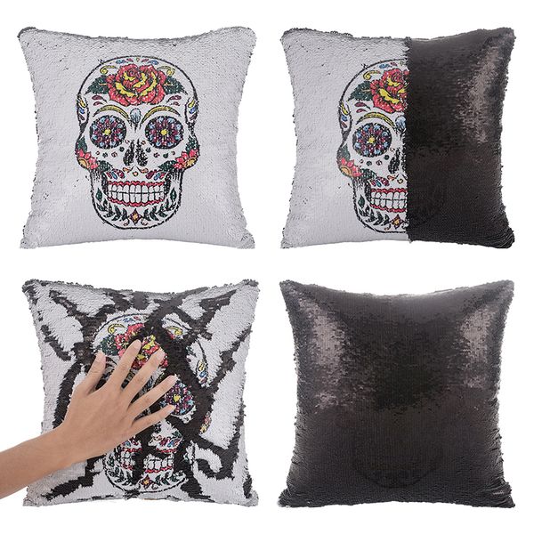 

hallowmas skull sequin mermaid pillow case diy reversible sofa car decor cushion cover home office halloween christmas decoration