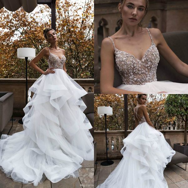 

asaf dadush beach a-line wedding dress 2019 illusion beaded pearls boho bridal gowns plus size bohemian wedding dress vestido de novia, White