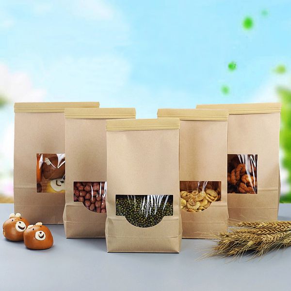

50pcs kraft paper reseal strip bags with window packaging bread cookie bag wrapping paper gift showing to sell