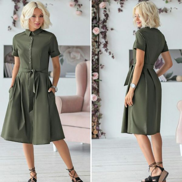 

Women Vintage Sashes Button A-line Party Dress Short Sleeve Turn Down Collar Casual Dress 2019 Summer New Fashion Women Dress