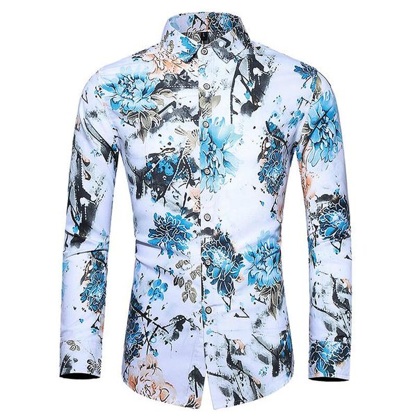 

mens dress shirts new print hawaiian shirt long sleeve shirt men fashion business casual flower camisa masculina -7xl, White;black