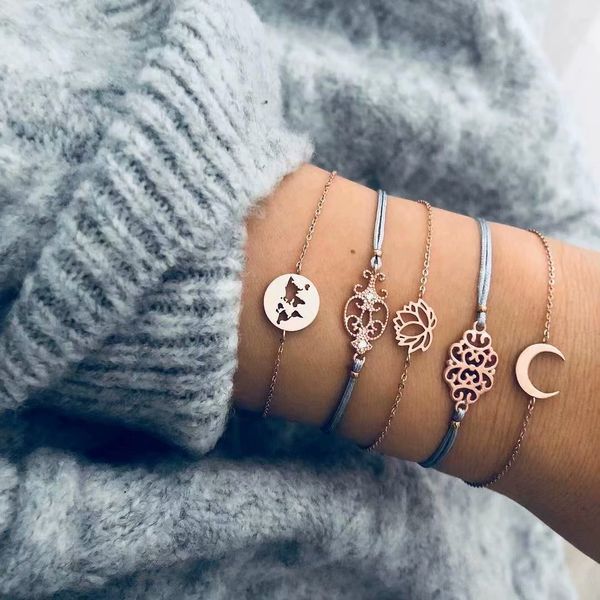 

new jewelry fashion hollow lotus moon world map bracelet retro geometric totem wax rope woven bracelet 5 piece set, Black
