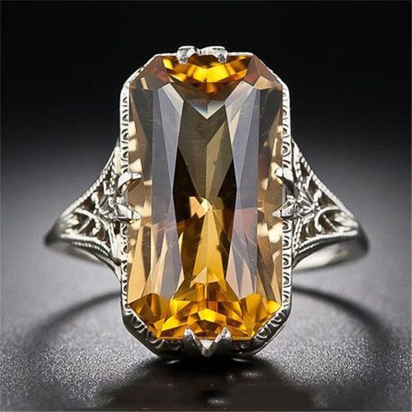 

vagzeb anitique silver color yellow stone rectangle big rings for women men vintage zircon charm wedding bands, Slivery;golden