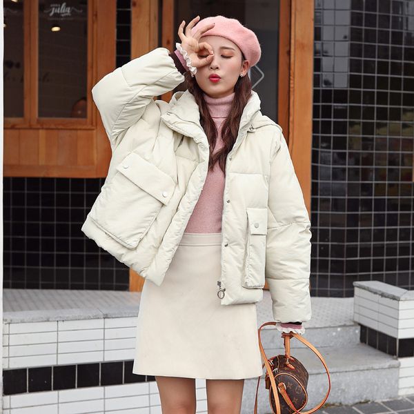 

2019 fashion short stand collar hooded women winter jacket cotton padded warm thicken ladies short coats parka womens jackets, Black