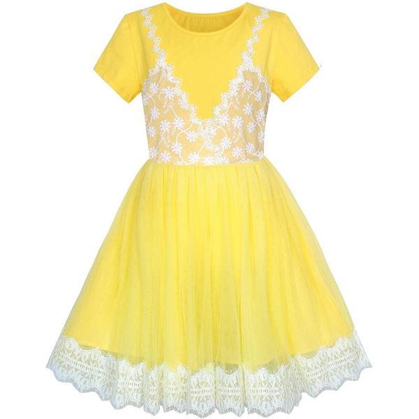

girls dress 2-in-1 lace yellow short sleeve party dress cotton 2020 summer princess wedding dresses girl clothes pageant, Red;yellow
