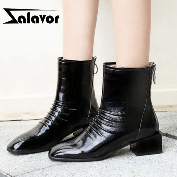 

zalavor 4 color office ladies ankle boots pu leather zipper short boots chunky heels fashion classics shoes woman size 33-42, Black