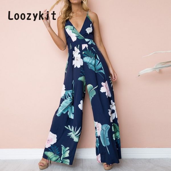 

loozykit fashion women jumpsuit sleeveless striped floral print summer rompers wide leg trousers women v neck casual outfits, Black;white