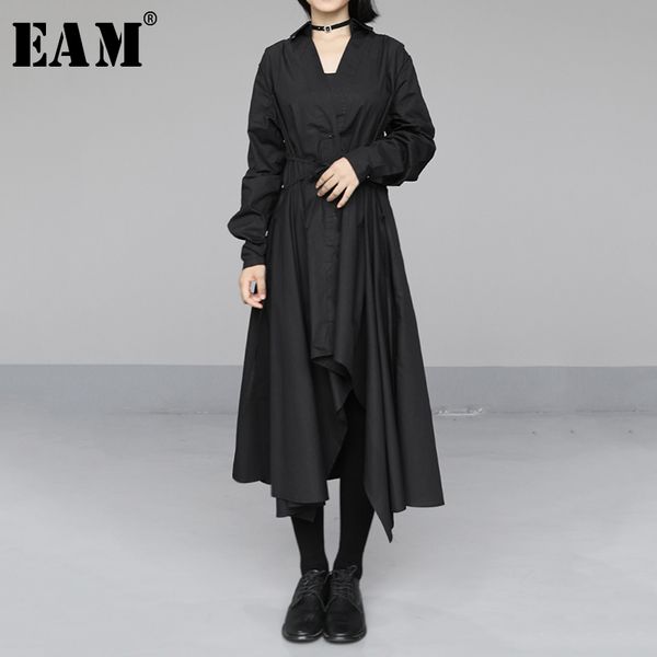 

eam] women black asymmetrical long split shirt dress new lapel long sleeve loose fit fashion tide spring autumn 2020 1n684, Black;gray