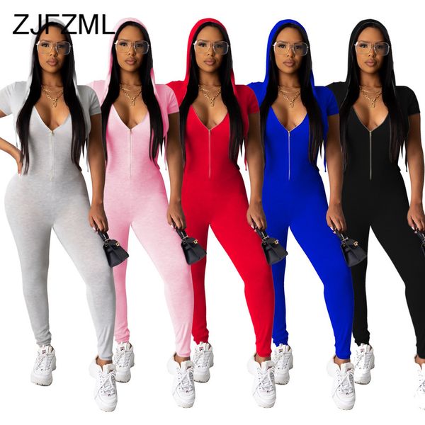 

plus size fitness rompers womens jumpsuit deep v neck short sleeve club party bodysuit summer hooded zipper up bodycon bodysuit, Black;white
