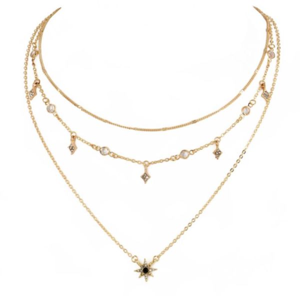 

ladies fashion planet star necklaces multilayer statement choker gold chain necklace zircon crystal pendant for women gifts, Silver