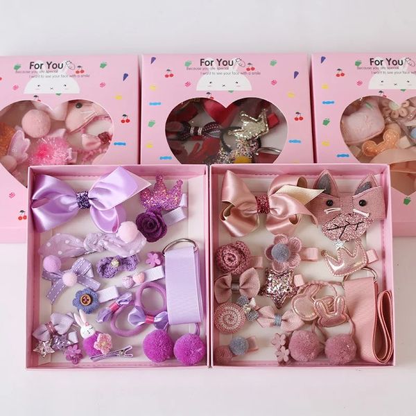 

18pcs/box new girls flower hair accessories cute cartoon headwear set headbands hair clips barrette fabric headdress lovely gift, Slivery;white