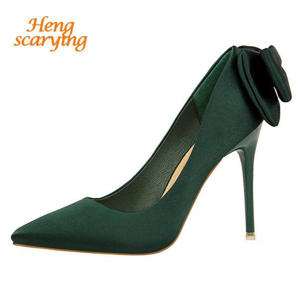 

hengscarying women luxury design 10cm high heels bridal butterfly-knot satin pumps ladies pointed toe green heels female shoes, Black