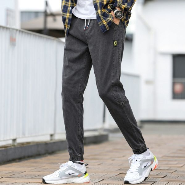 

mens designer jeans loose fashion elastic waist and leg binding pants, Blue