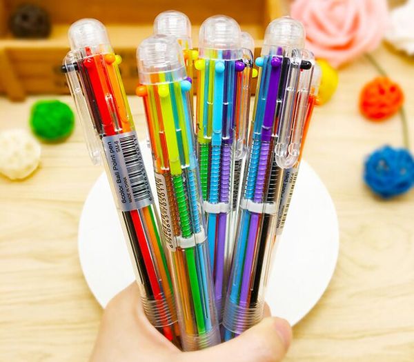 

10pcs colorful 6 in 1 ballpoint pen 0.5mm creative novelty multicolor pens school stationary kids gift home office supplies, Blue;orange