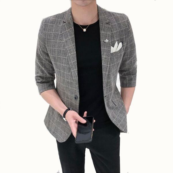 

spring summer new men's suit jacket thin style youth slim half sleeve blazers male korean version fashionable plaid suit, White;black