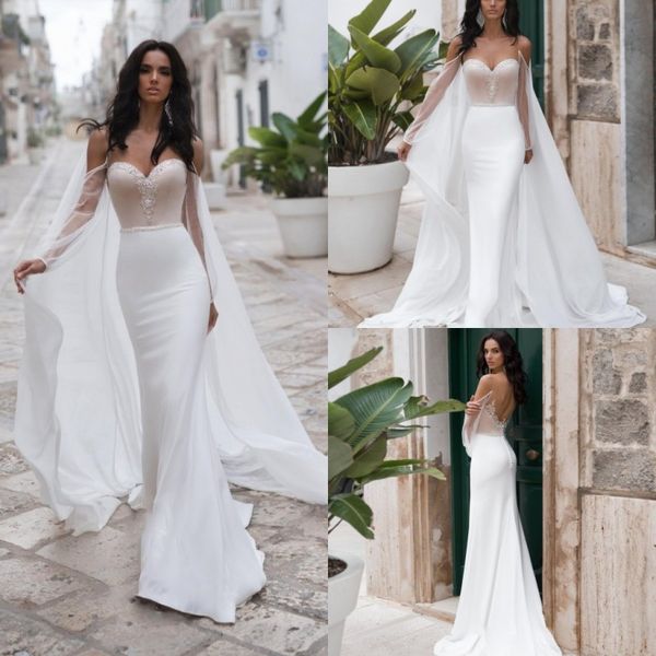 Con orditi abiti da sposa a sirena maniche lunghe applique strass abiti da sposa in raso lunghezza del pavimento abiti da sposa taglie forti