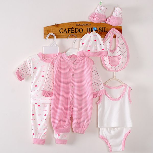 

8pcs baby clothing set newborn baby boy girl hat pants bib sock shose romper outfits set infant product costume c840#, White