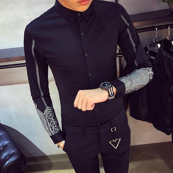 

men tuxedo shirt 2019 spring new print slim fit party dress shirts long sleeve night club social men's shirts black/white, White;black