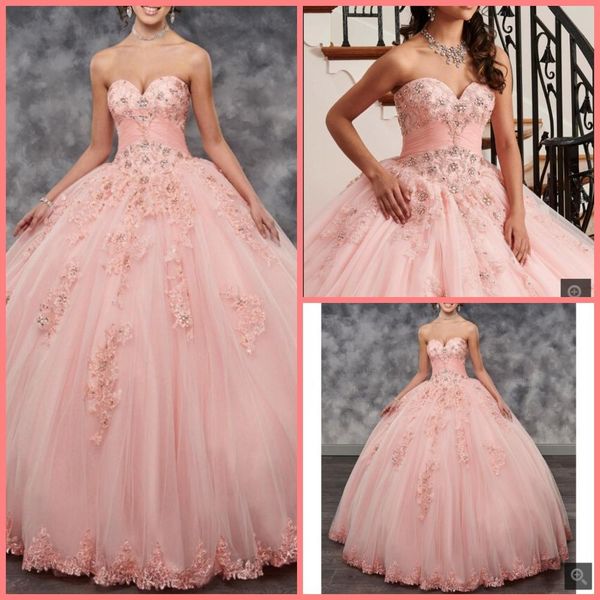 

2019 new arrival pink ball gown lace appliques beaded prom dress strapless pleated sweetheart neck quinceanera gowns sale, White;black