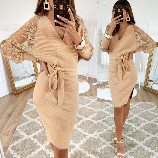 

casual dresses autumn slim type women dress elegant waistband tied long sleeve sheath v-neck knee length regular, Black;gray
