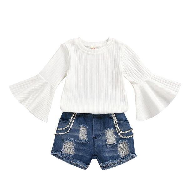

new infant baby girl kid flare sleeve white + jeans pants outfits spring clothes set 2pcs