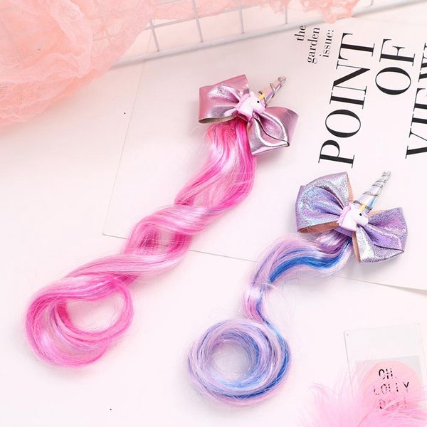 

1pcs cute unicorn hair bows with tails tassel for kids girls long braid hair clips colorful wig christmas party accessories, Slivery;white