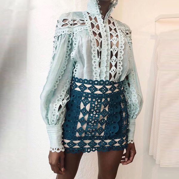 

summer runway designer skirts womens 2019 handmade beading blue hollow out lace skirt elegant mini skirts female, Black