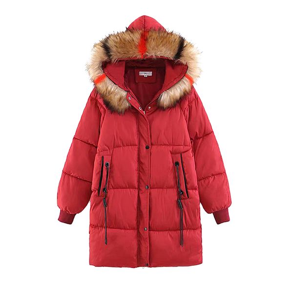 

kenancy winter solid women warm coat hooded fur collar long sleeves parkas zipper pockets cotton coat drawstring loose outerwear, Black