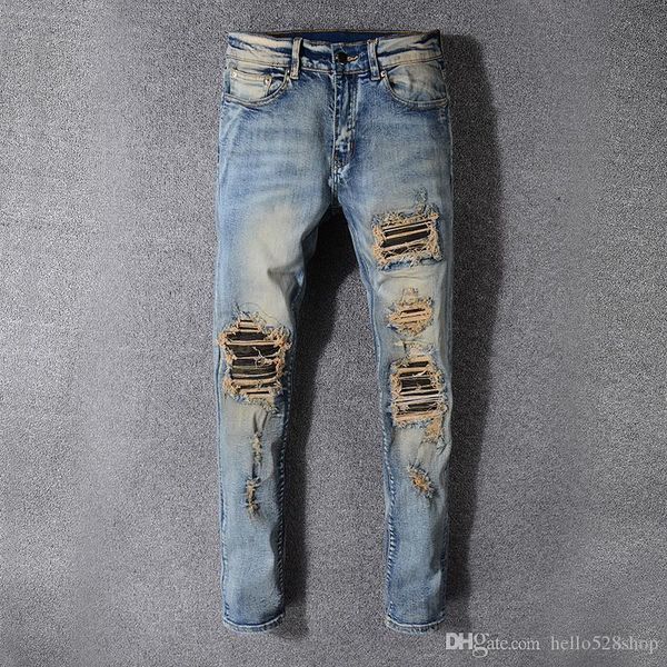 

vintage brand designer super cool men's distrressed cat whisker fight color pleated jeans youth slim pants ripped long trousers skinny, Blue