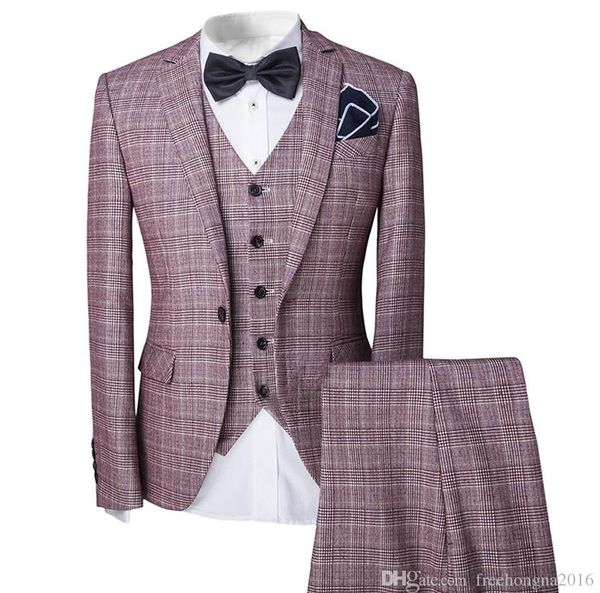 

formal men mens pink fashion dress plaid suit blazer jacket & vest & trousers set 3-piece wedding prom party, White;black