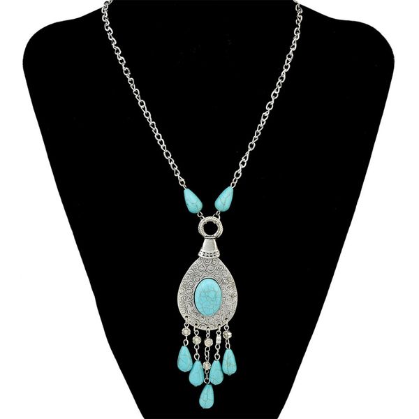 

boho vintage blue stone statement necklace tassel drop earrings set for women gypsy egypt turkey jewelry collier ethnique boheme, Silver