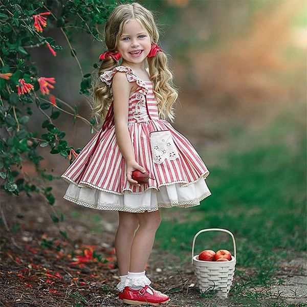 

summer cute princess dress strap ruffle dress sleeveless tutu lace striped child girl dresses 3-7y toddler kid european clothing, Red;yellow