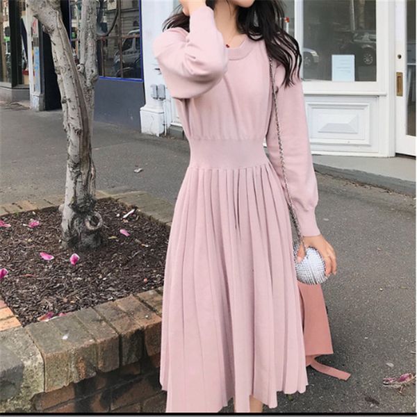 

korrean sweater dress fashion women knitted dress elegant women high waist plated sweaters dress winter women dresses vintage, Black;gray