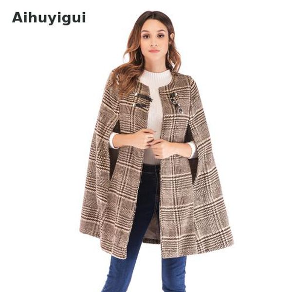 

aihuyigui autumn winter women plaid tweed leather buckle colak sleeve plaid tweed cape coat ol workwear coats dr567, Black