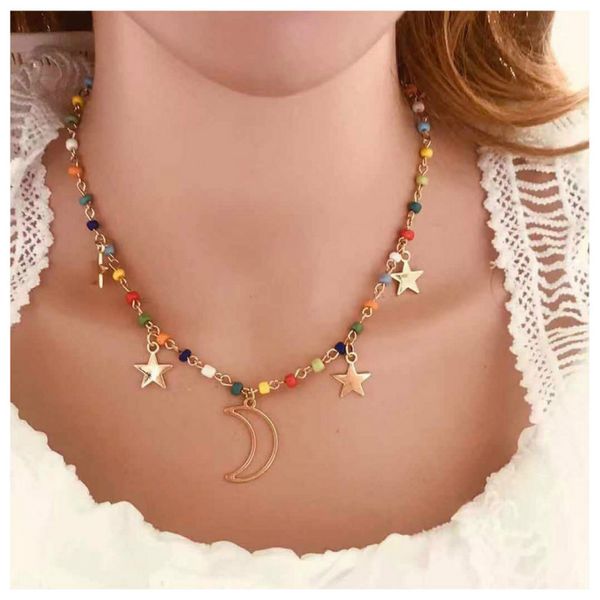 

simple personality moon chain necklace 2020 fashion star rice beads gold color shell pendant necklace women, Golden;silver