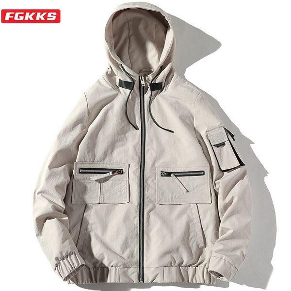 

fgkks brand men jackets original hooded men's fashion clothing jacket coats zipper pocket windproof jackets male, Black;brown