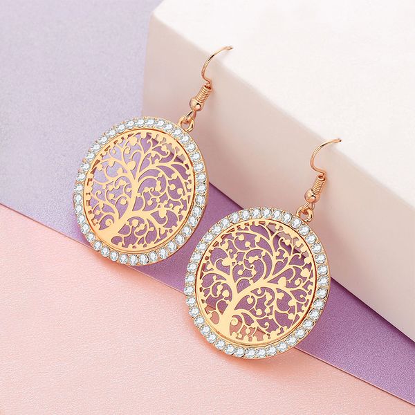 

tree of life drop earrings for women 2019 fashion jewelry round with cubic zirconia gold statement earrings pendientes za oorbel, Silver