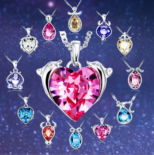 

new fashion jewelery wedding twelve constellation logo necklace pendant crystal from swarovskis crystal girl woman birthday gift, Silver
