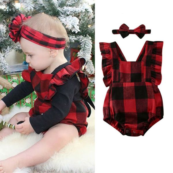 

newborn sleeveless rompers baby boy girl christmas clothe checks romper body suit headband outfit, Blue